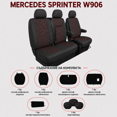 Set Huse Textile pentru Mercedes Sprinter W906 2006-2018 - Negru cu Cusatura Rosu [1]