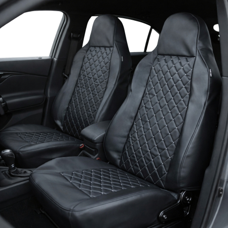 Accesorii pentru interior - Set Huse universale  1+1 pentru scaunele din fata din piele ecologica cu tetiera integrata – Negru