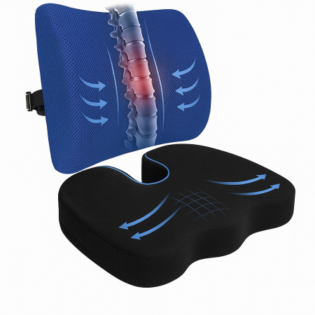 Noutati Real Auto - Set Perna Lombara si Perna Ortopedica pentru Sezut, 2 in 1, Suport Lombar si Perna de Sezut, Spuma cu Memorie, Ideale pentru Scaun de Birou sau Masina