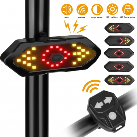 Accesorii Moto & Velo - Set semnalizator Bicicleta, Incluse claxon, Incarcare USB, 5 moduri de lumina, IP65 Rezistent la Apa si Praf, Usor de Instalat - Negru