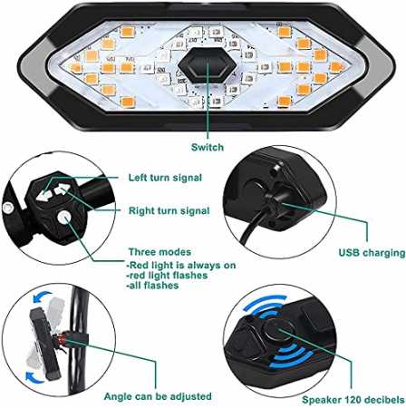 Set semnalizator Bicicleta, Incluse claxon, Incarcare USB, 5 moduri de lumina, IP65 Rezistent la Apa si Praf, Usor de Instalat - Negru [3]