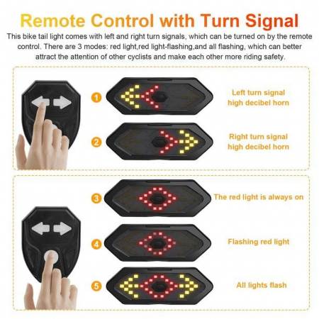 Set semnalizator Bicicleta, Incluse claxon, Incarcare USB, 5 moduri de lumina, IP65 Rezistent la Apa si Praf, Usor de Instalat - Negru [2]