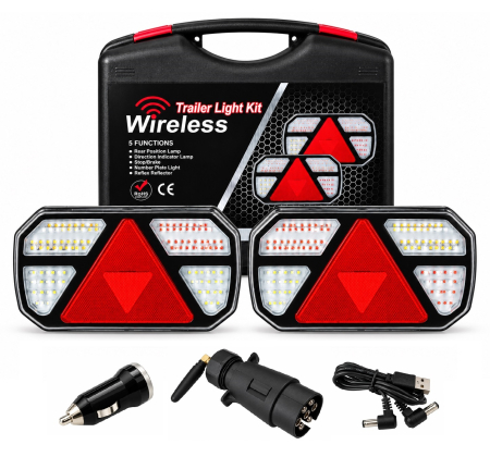 Electronice si electrice auto - Set Stopuri LED Wireless Magnetice Remorca Rulota Platforma, 12V-24V, 5 Functii, Semnalizare Dinamica, 7 Pini, E-Mark E57, IP65, Valiza