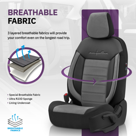 Set huse scaune textil cu piele ecologica COMFORT LINE Design - Gri-Negru cusatura gri [5]