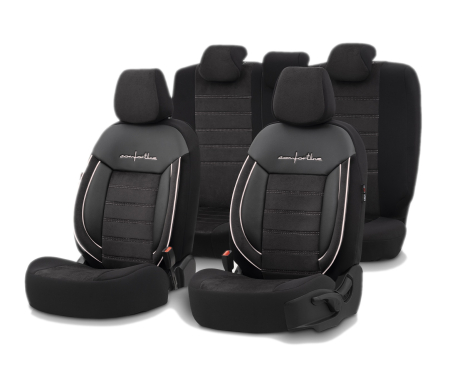Accesorii pentru interior - Set huse scaune textil cu piele ecologica COMFORT LINE Design - Neagra cu cusatura alba, pentru scaune fata si spate