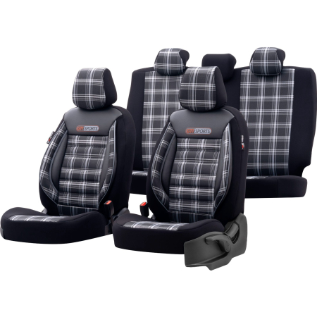 Universale - Set huse scaune auto textil cu piele ecologica GTI SPORTS Design - Neagra cu cusatura gri, pentru scaune fata si spate