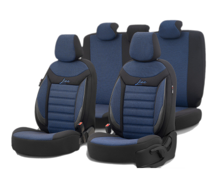 Universale - Set huse scaune auto textil cu piele ecologica LINE Design - Neagra cu cusatura albastra, pentru scaune fata si spate