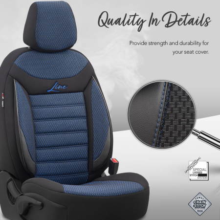 Set huse scaune auto textil cu piele ecologica LINE Design - Neagra cu cusatura albastra, pentru scaune fata si spate [9]