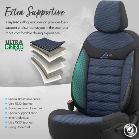 Set huse scaune auto textil cu piele ecologica LINE Design - Neagra cu cusatura albastra, pentru scaune fata si spate [11]