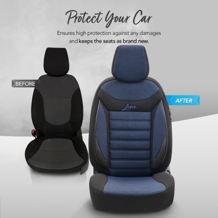 Set huse scaune auto textil cu piele ecologica LINE Design - Neagra cu cusatura albastra, pentru scaune fata si spate [8]