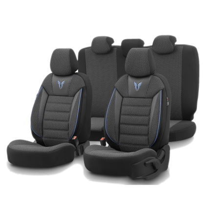Universale - Set huse scaune  textil cu piele ecologica TORO Design - Neagra cu cusatura albastra, pentru scaune fata si spate