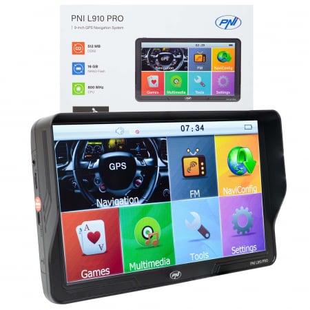 Navigatii Android si Playere auto - Sistem de navigatie GPS PNI L910 PRO cu parasolar, 9 inch, 800 MHz, 512MB DDR, 16GB memorie interna, FM transmitter, negru