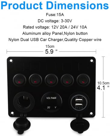 Panou intrerupatore  Priza, Voltmetru, 5 Intrerupatoare si USB  12V 20A [1]