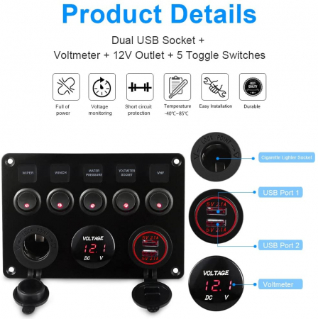 Panou intrerupatore  Priza, Voltmetru, 5 Intrerupatoare si USB  12V 20A [3]