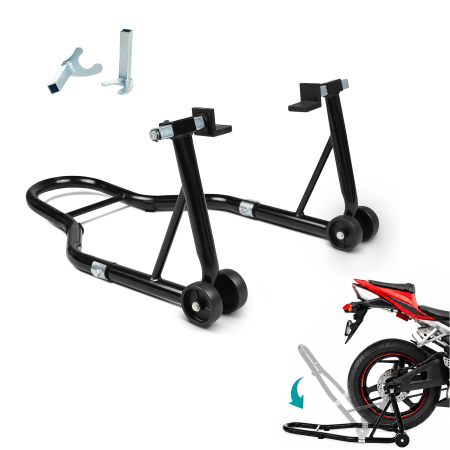 Alte accesorii - Stander Moto Spate pentru Motocicleta, Suport Ridicare si Mentenanta, Reglabil 240-370 mm, Capacitate 450 kg, Adaptoare L si U, Roti 72 mm, Otel, Negru