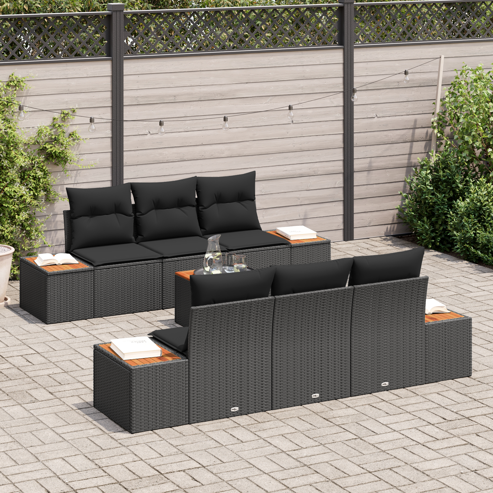 Set Sofa Grădină cu 7 Piese și Perne Negru Poli Ratan Acacia [2]