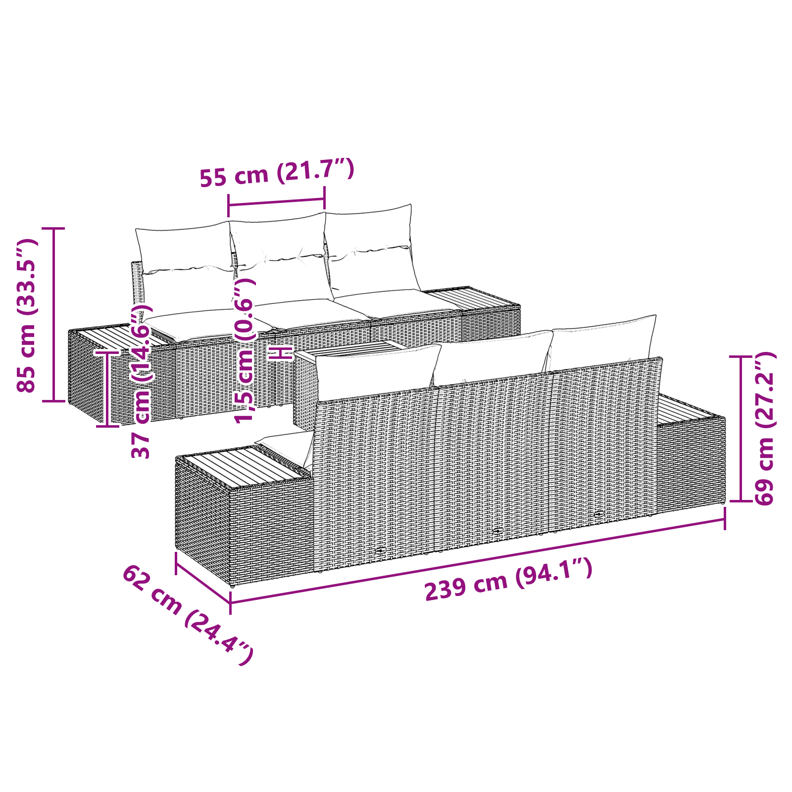Set Sofa Grădină cu 7 Piese și Perne Negru Poli Ratan Acacia [7]