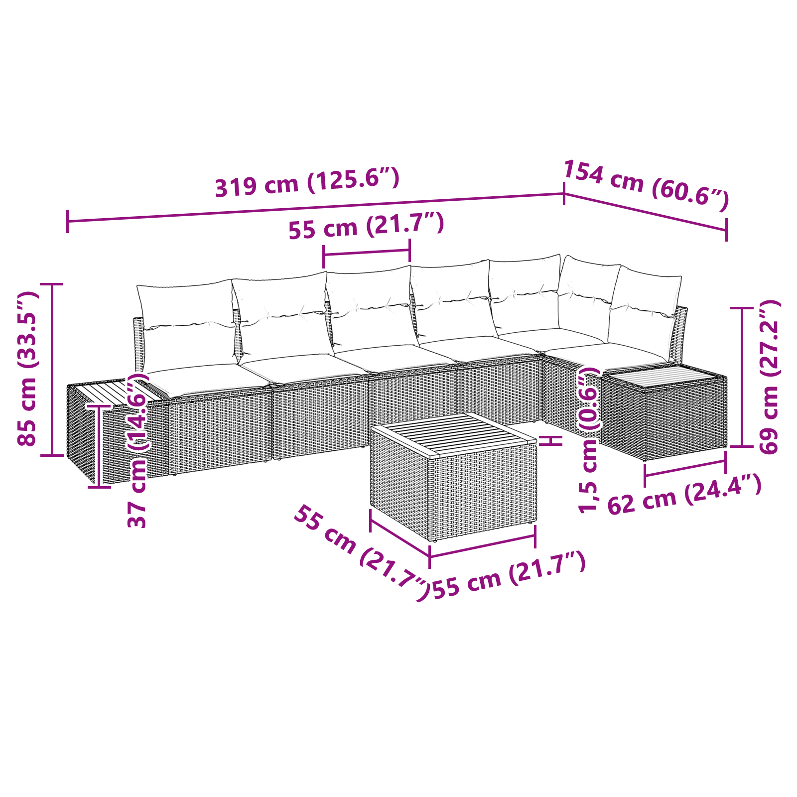 Set de canapea de grădină cu perne negre din poliratan și acacia [8]