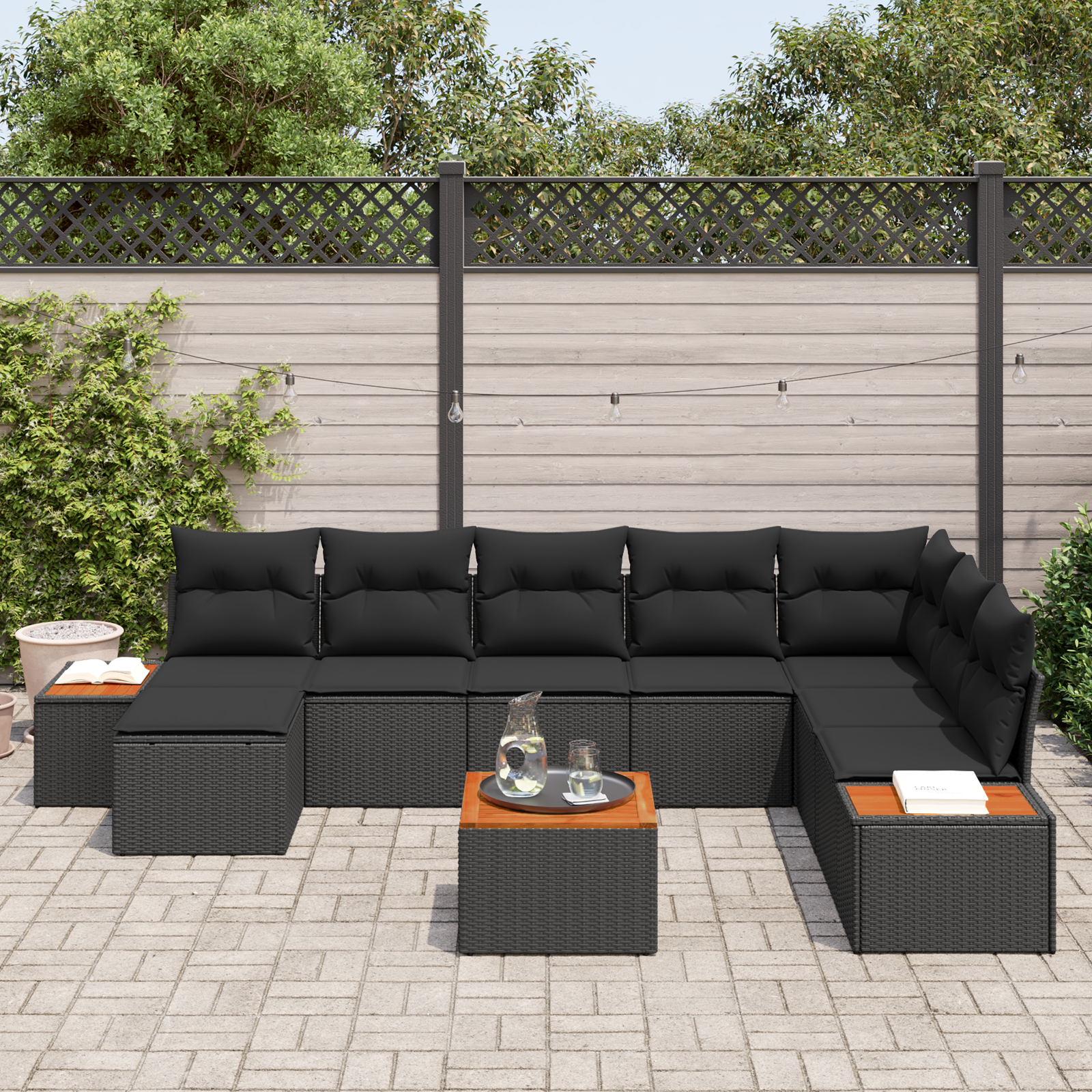Set Canapea Grădină cu Perne Negru Poly Rattan Acacia [2]