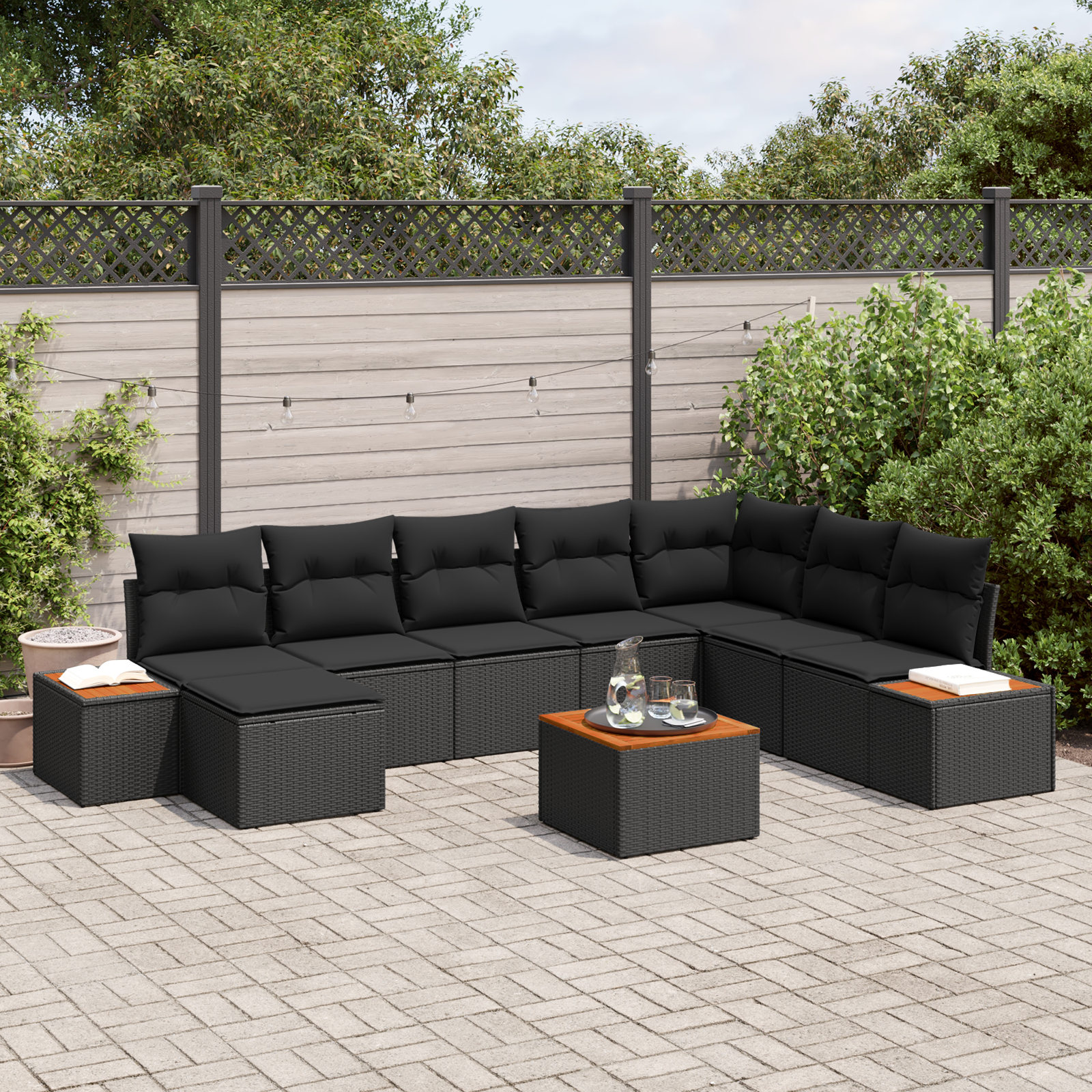 Canapele de exterior - Set Canapea Grădină cu Perne Negru Poly Rattan Acacia