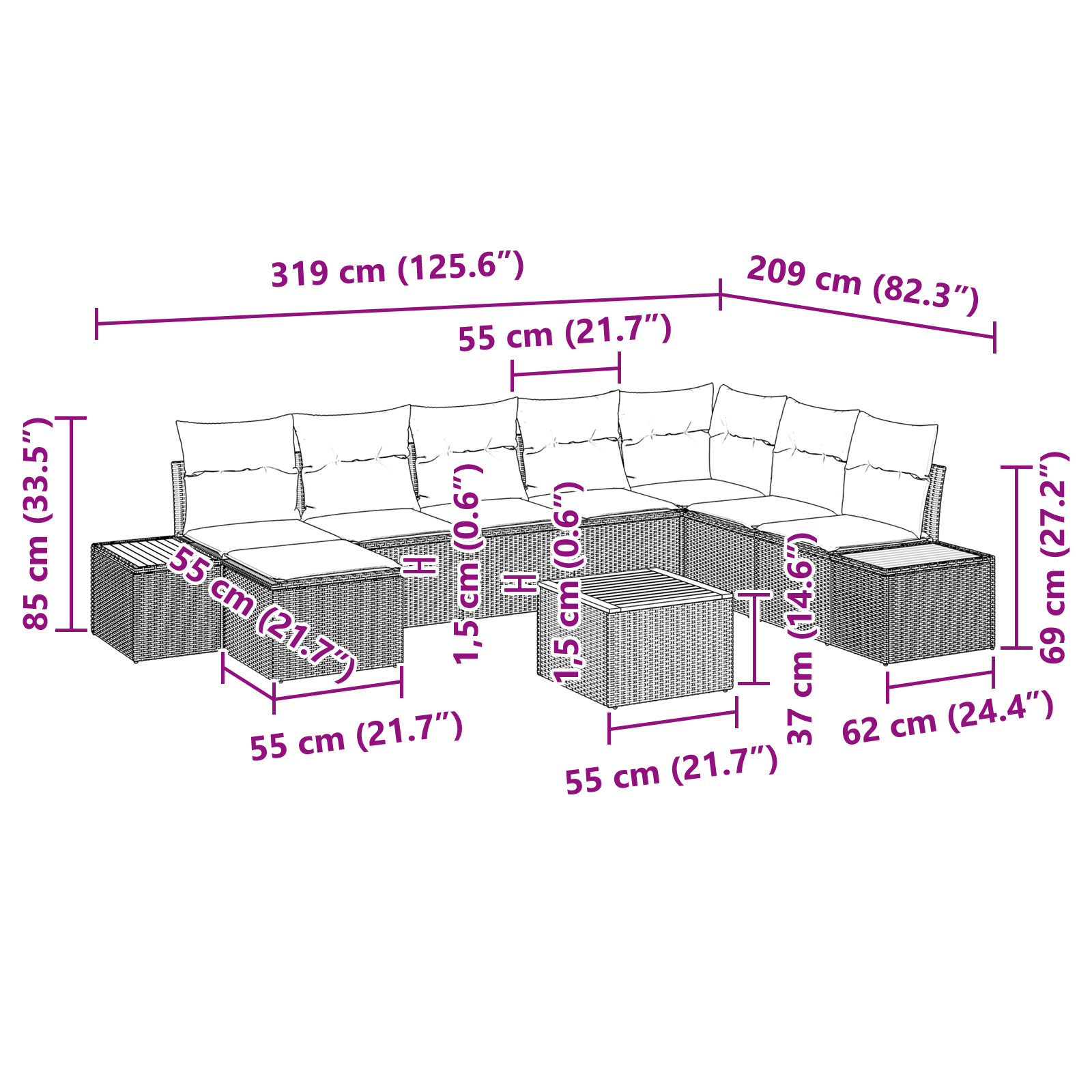 Set Canapea Grădină cu Perne Negru Poly Rattan Acacia [9]