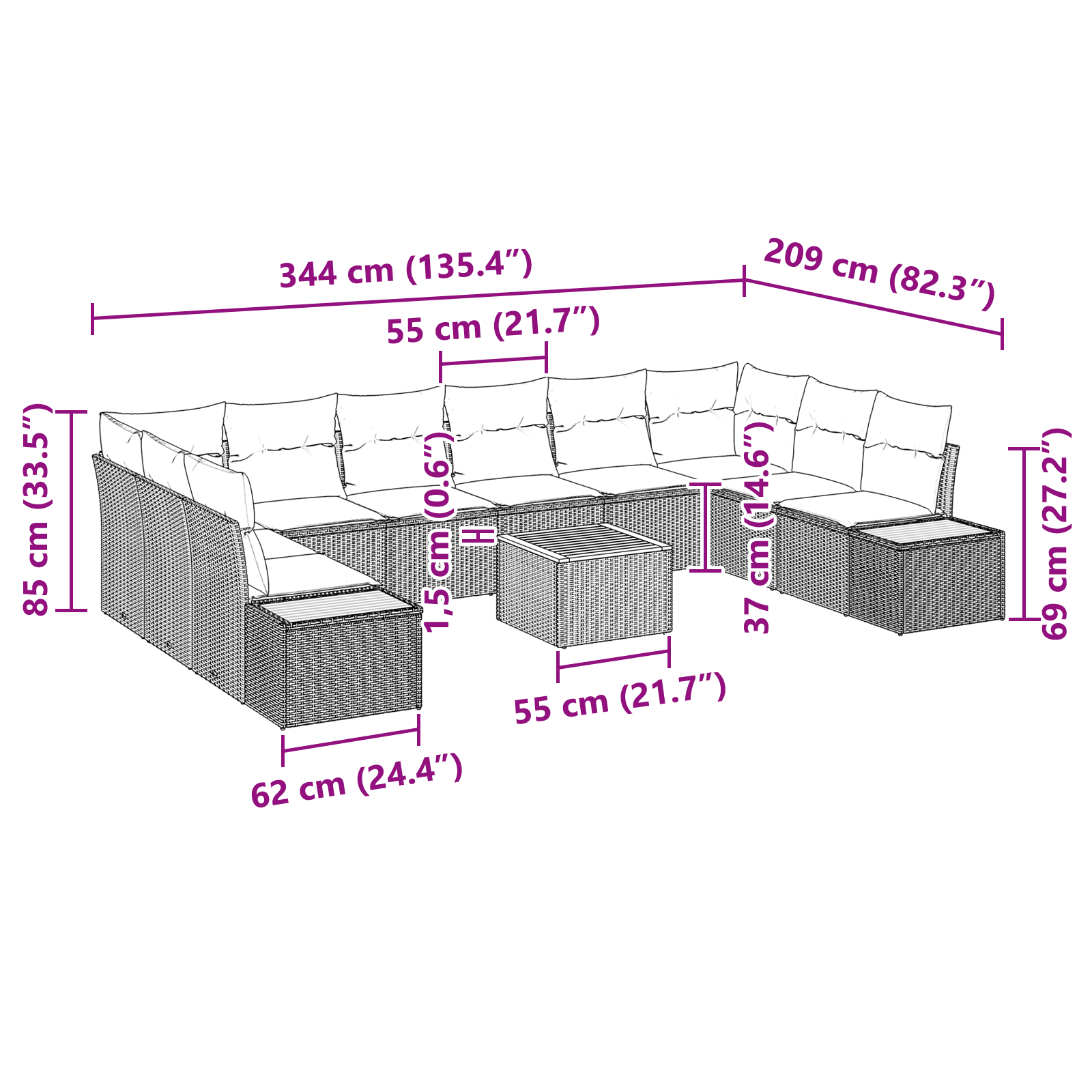 Set Canapea pentru Grădină de 11 Piese cu Perne Negru Ratan Acacia [8]