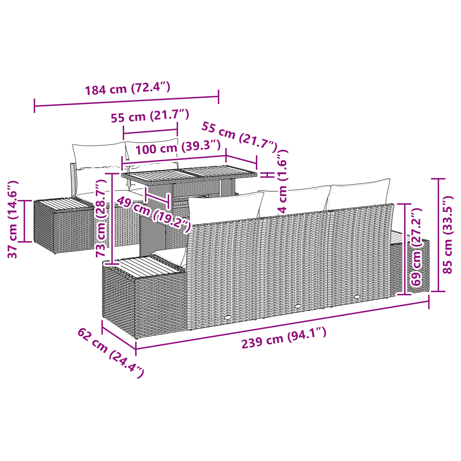 Set Masă Grădină cu 6 Piese și Perne - Poliratan Negru cu Acacia [9]