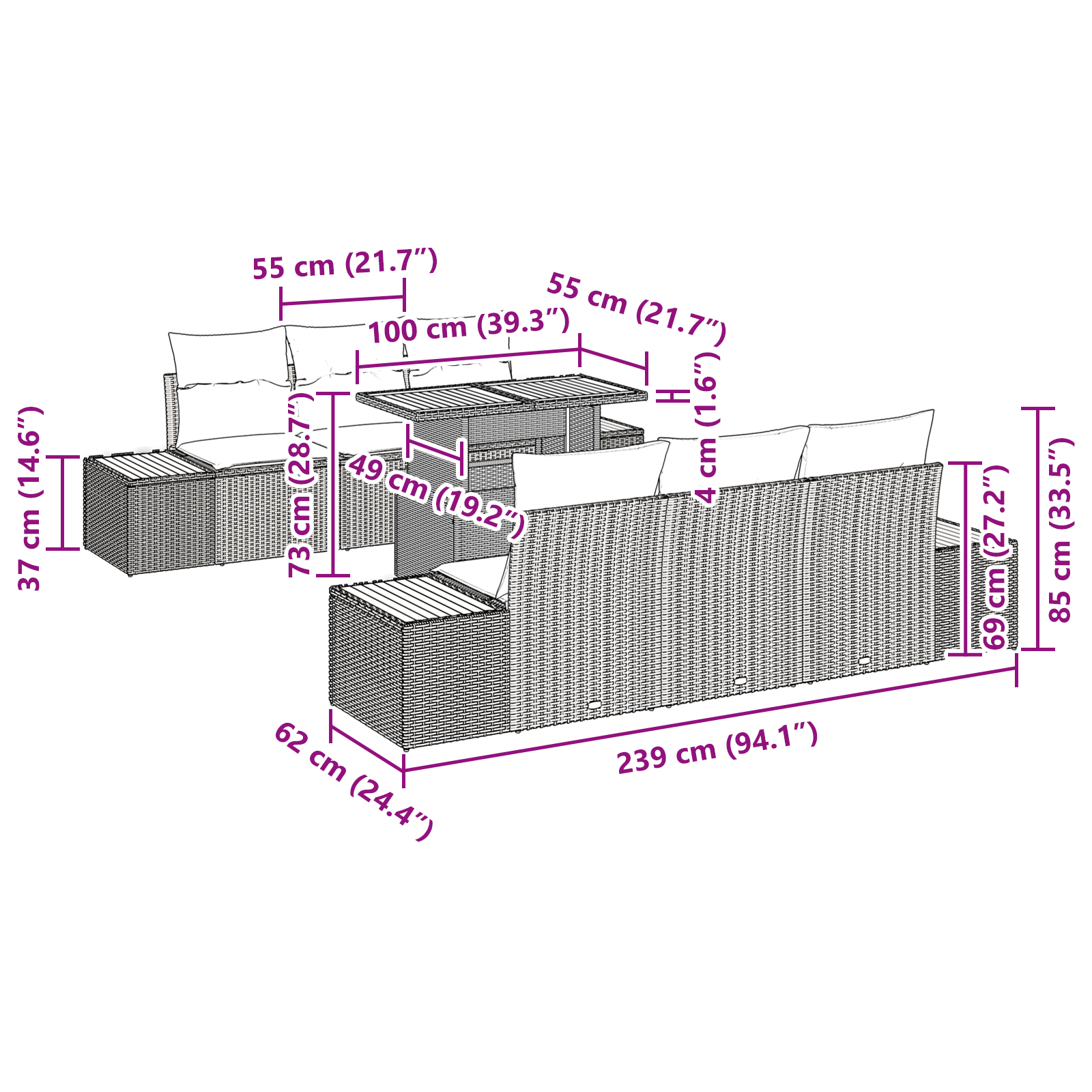 Set de dining pentru grădină cu 7 piese cu perne Negru Ratan Poli Acacia [9]