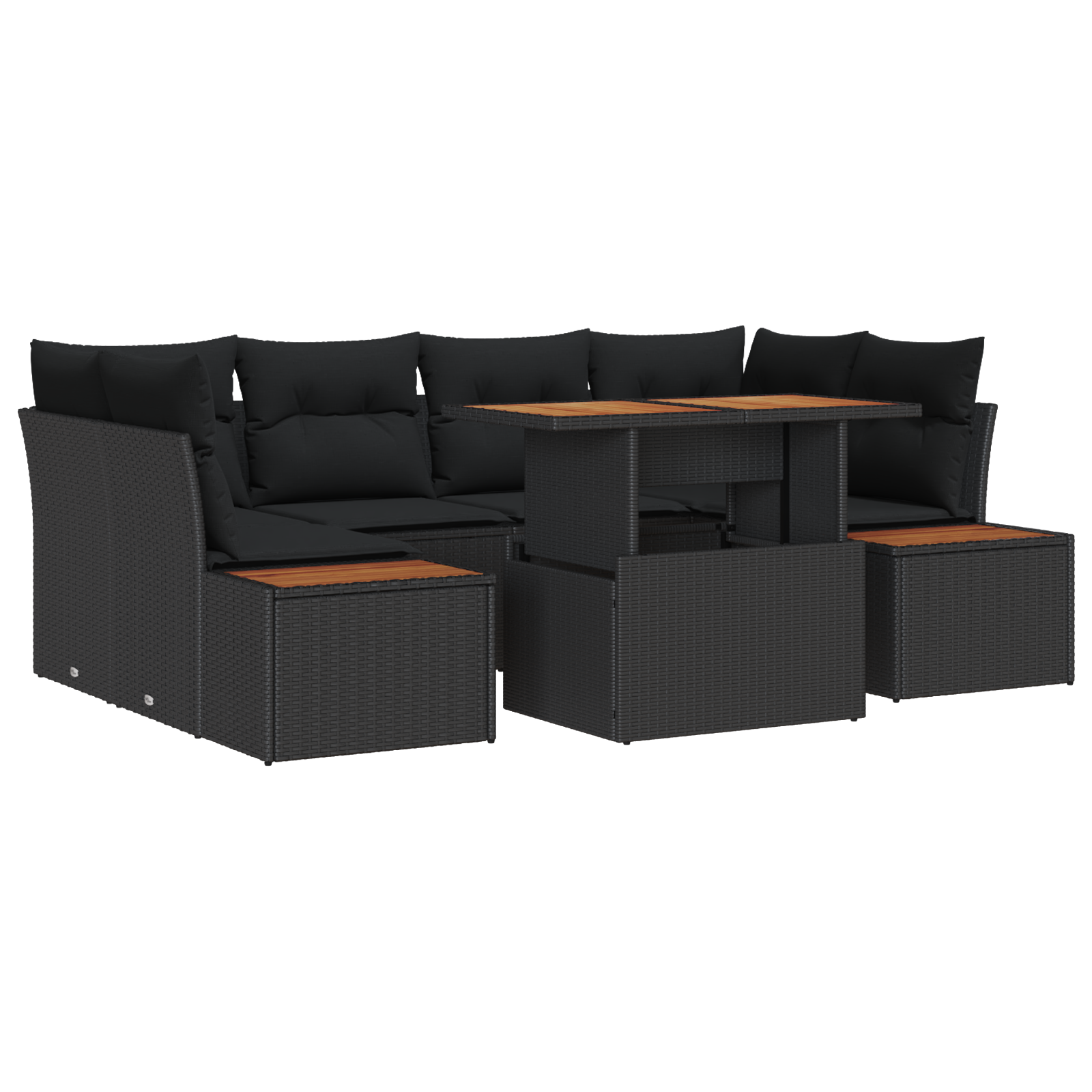 Set masă grădină 7 piese cu perne Negru Poliratan Acacia [1]