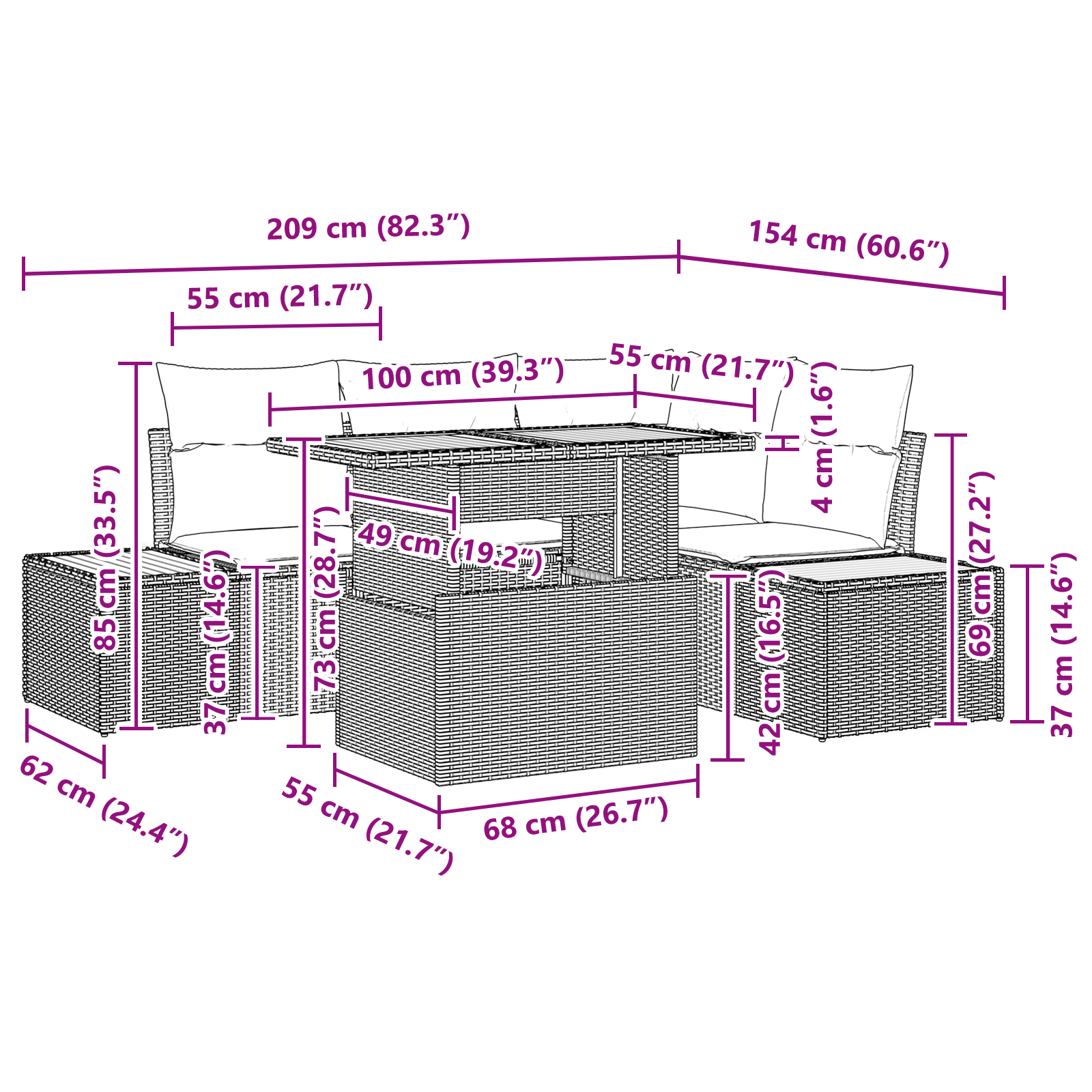 Set de dining de 5 piese cu perne Negru Poli Ratan Acacia [10]