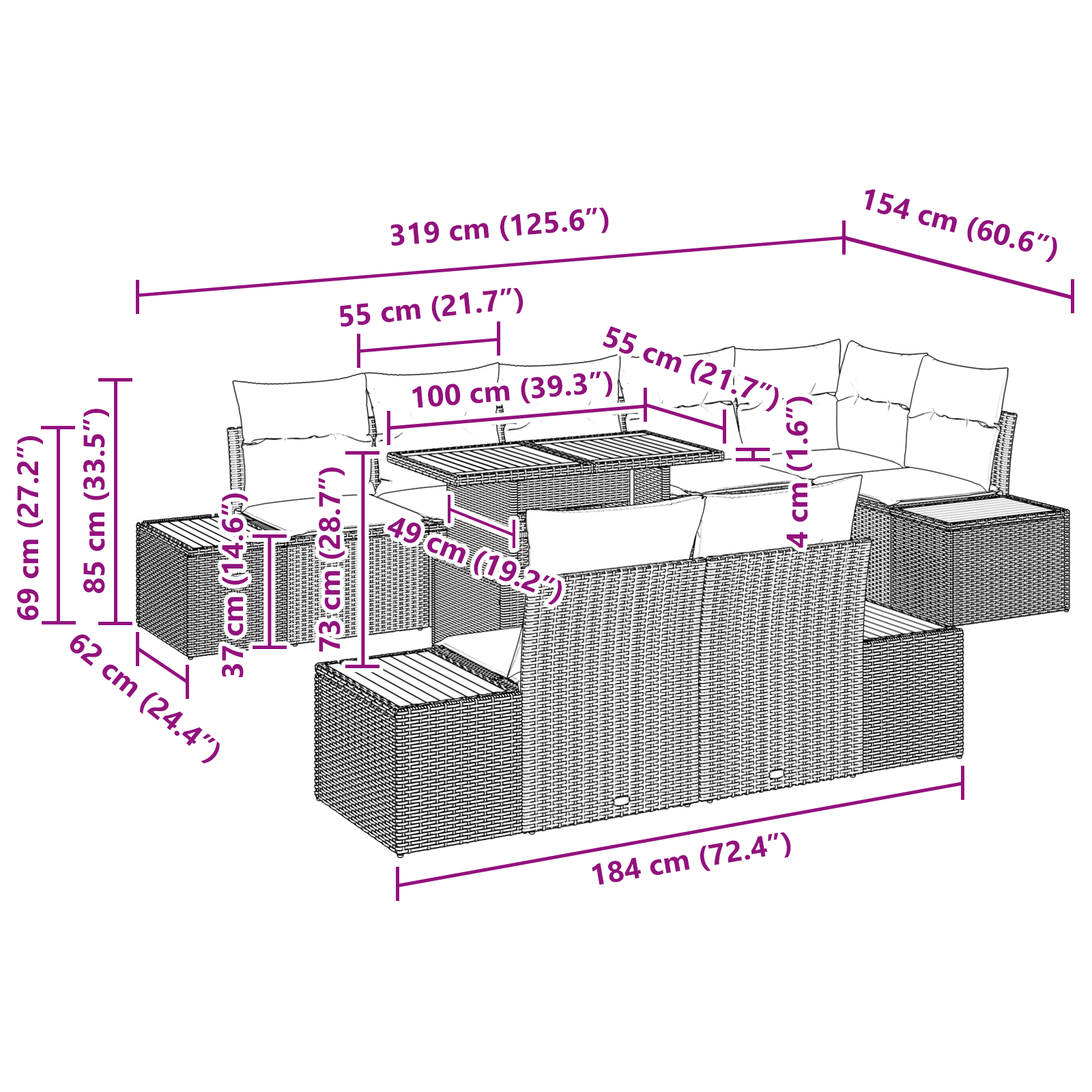 Set mese grădină 9 piese cu perne Negru Ratan Poli Acacia [10]