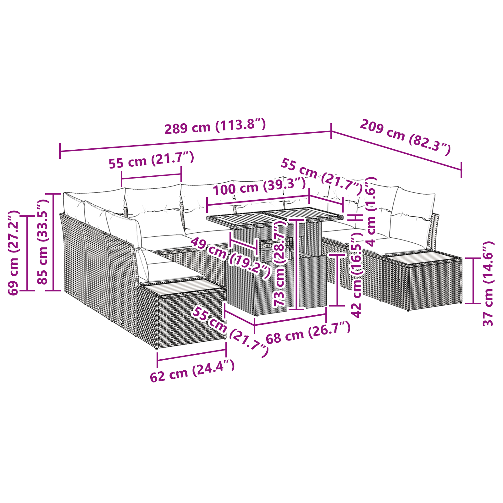 Set de mese pentru grădină cu 10 piese și perne Negru Ratan Poly Acacia [10]