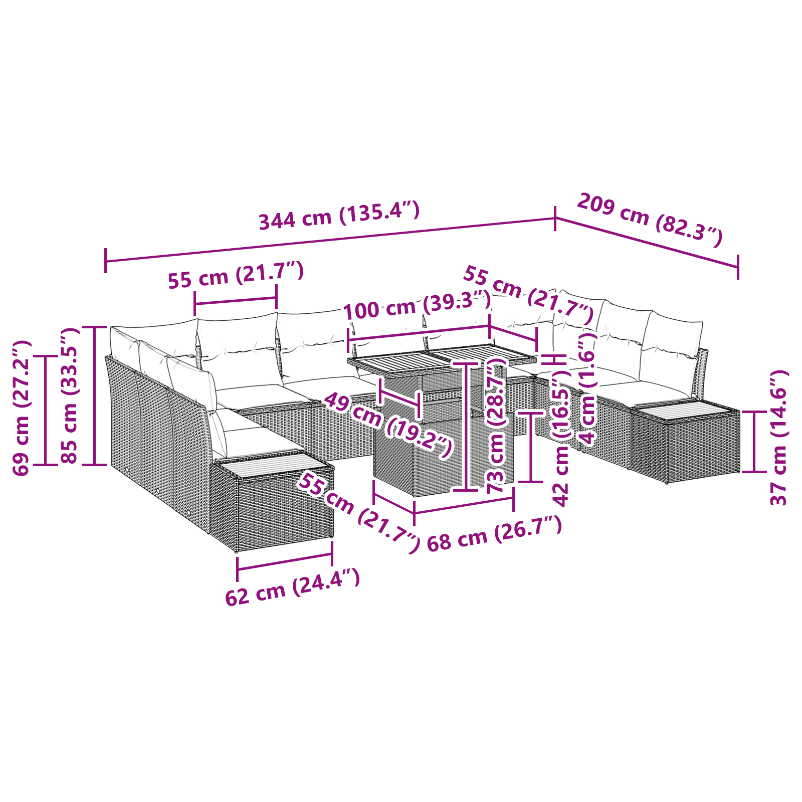 Set de dining pentru grădină cu 11 piese și perne negre din poliratan acacia [10]