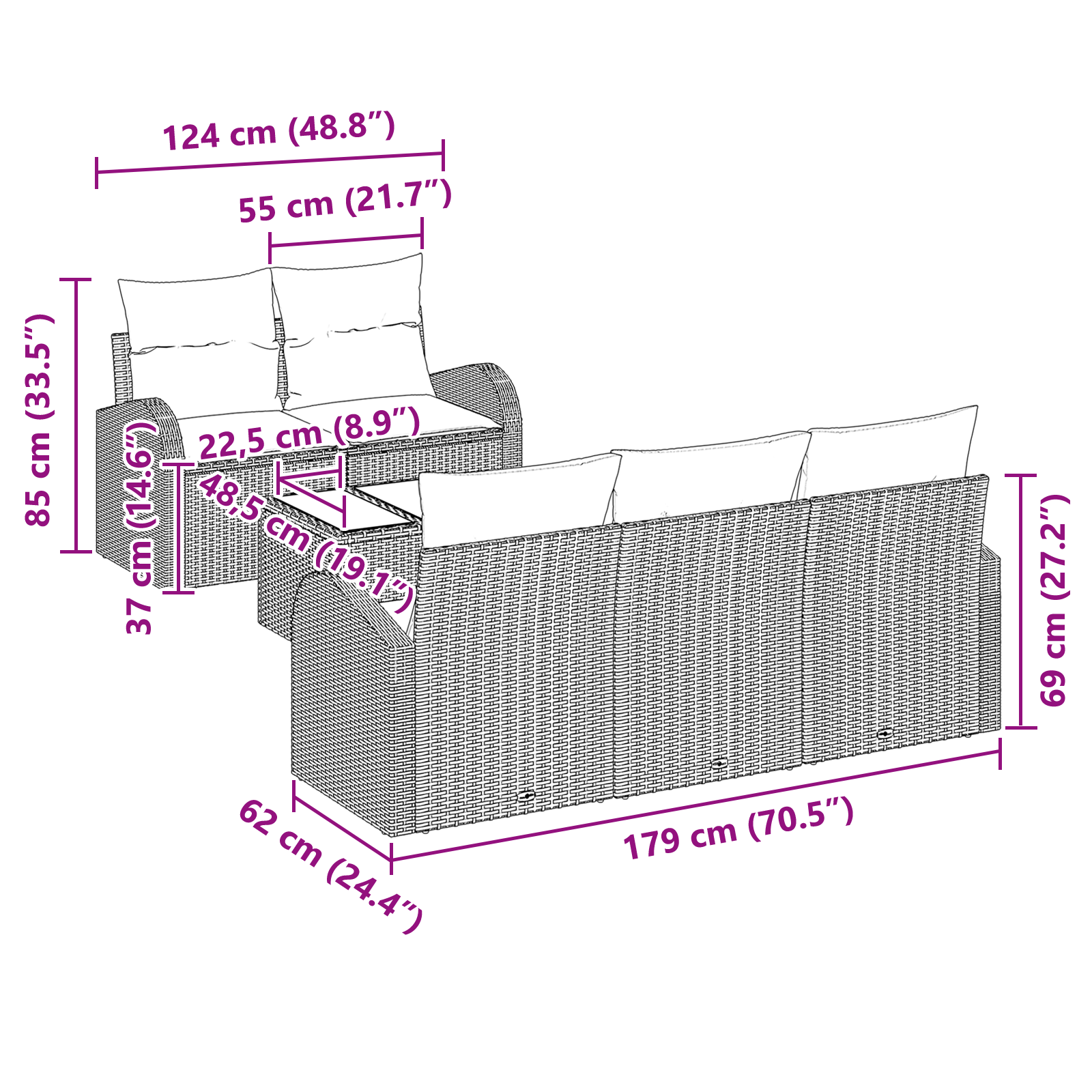 Set canapea grădină 6 piese cu perne, bej, ratan poli, Canapea grădină 2 locuri cu depozitare și perne, bej, ratan poli [8]