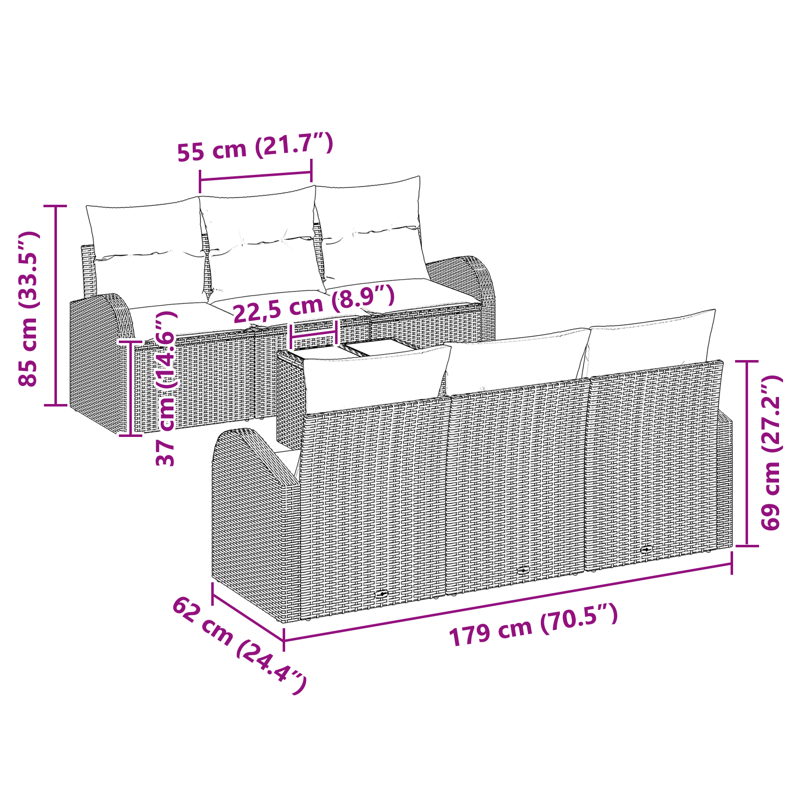 Set de Canapea Grădină  cu Perne Bej din Ratan Poli, Canapea Grădină  pentru 2 Persoane cu Spațiu de Stocare & Perne Bej din Ratan Poli [7]