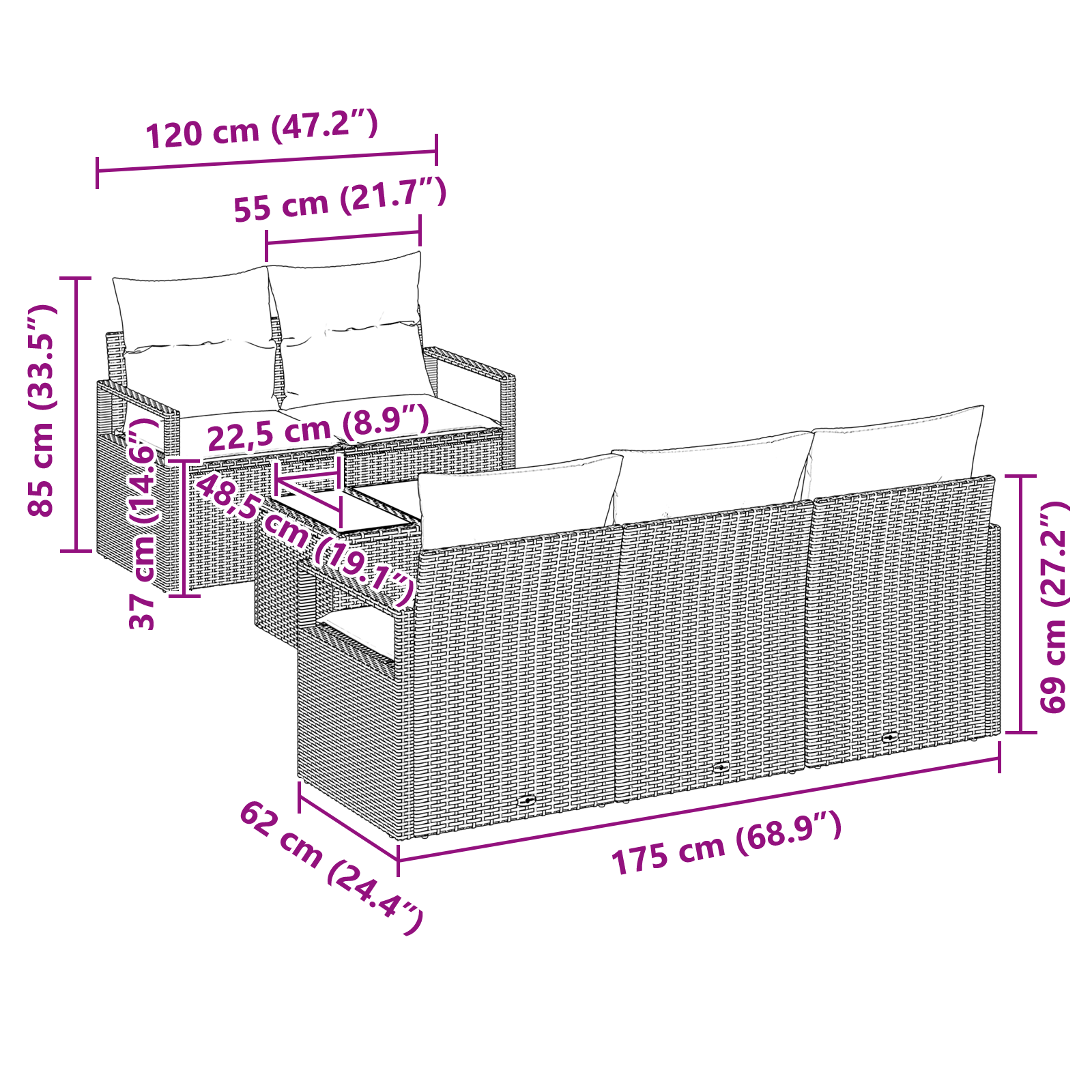 Set de canapea grădină  6 piese cu perne bej poliratan, Canapea grădină  cu 2 locuri și spațiu de depozitare cu perne bej poliratan [10]