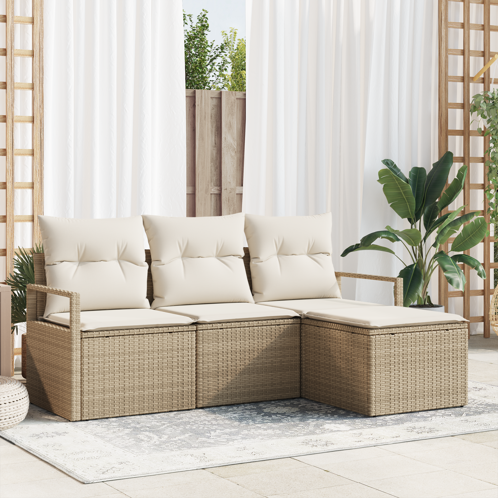 Canapele de exterior - Set de canapea pentru grădină  cu perne Bej Poly Rattan, Canapea de grădină  cu 2 locuri și depozitare & perne Bej Poly Rattan