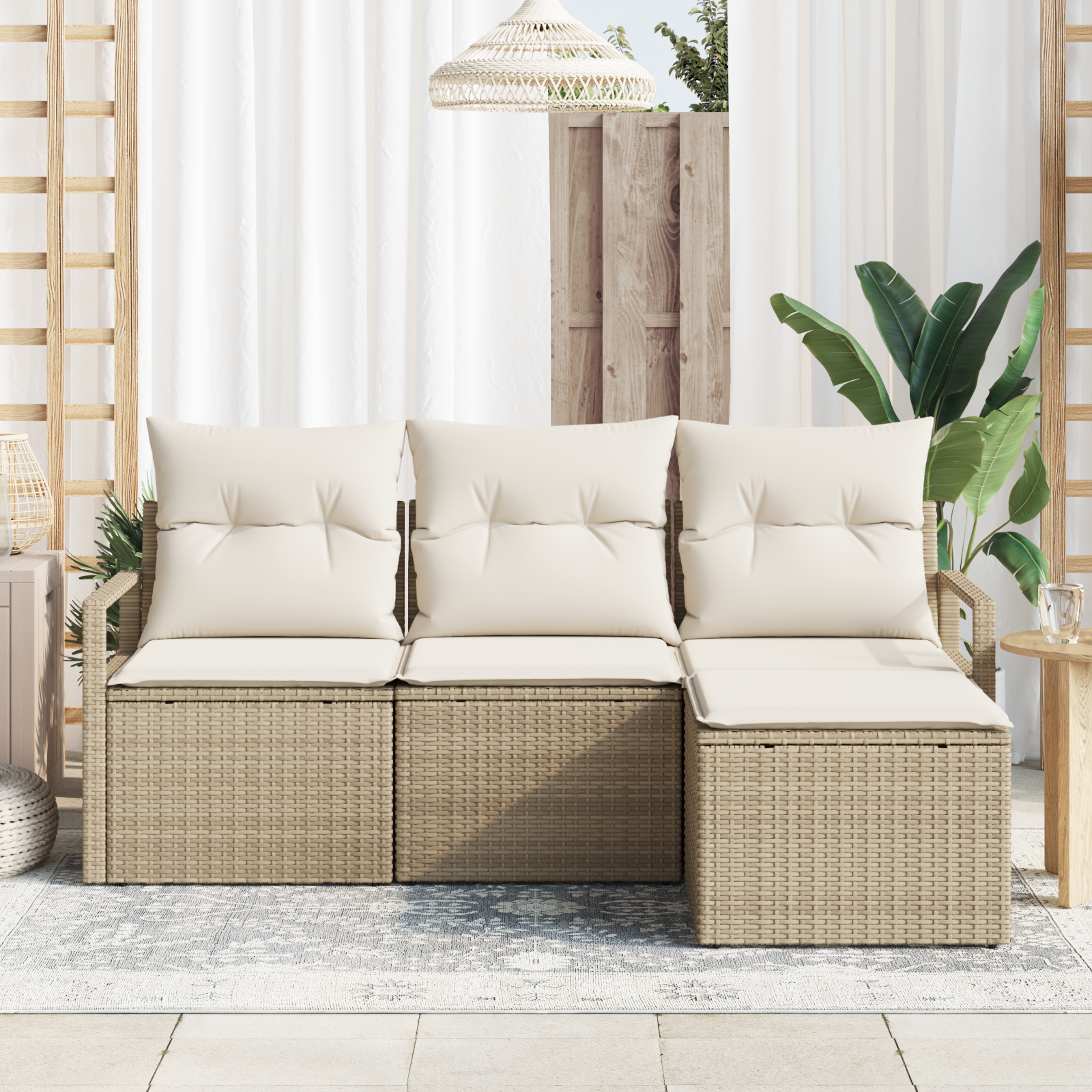 Set de canapea pentru grădină  cu perne Bej Poly Rattan, Canapea de grădină  cu 2 locuri și depozitare & perne Bej Poly Rattan [2]