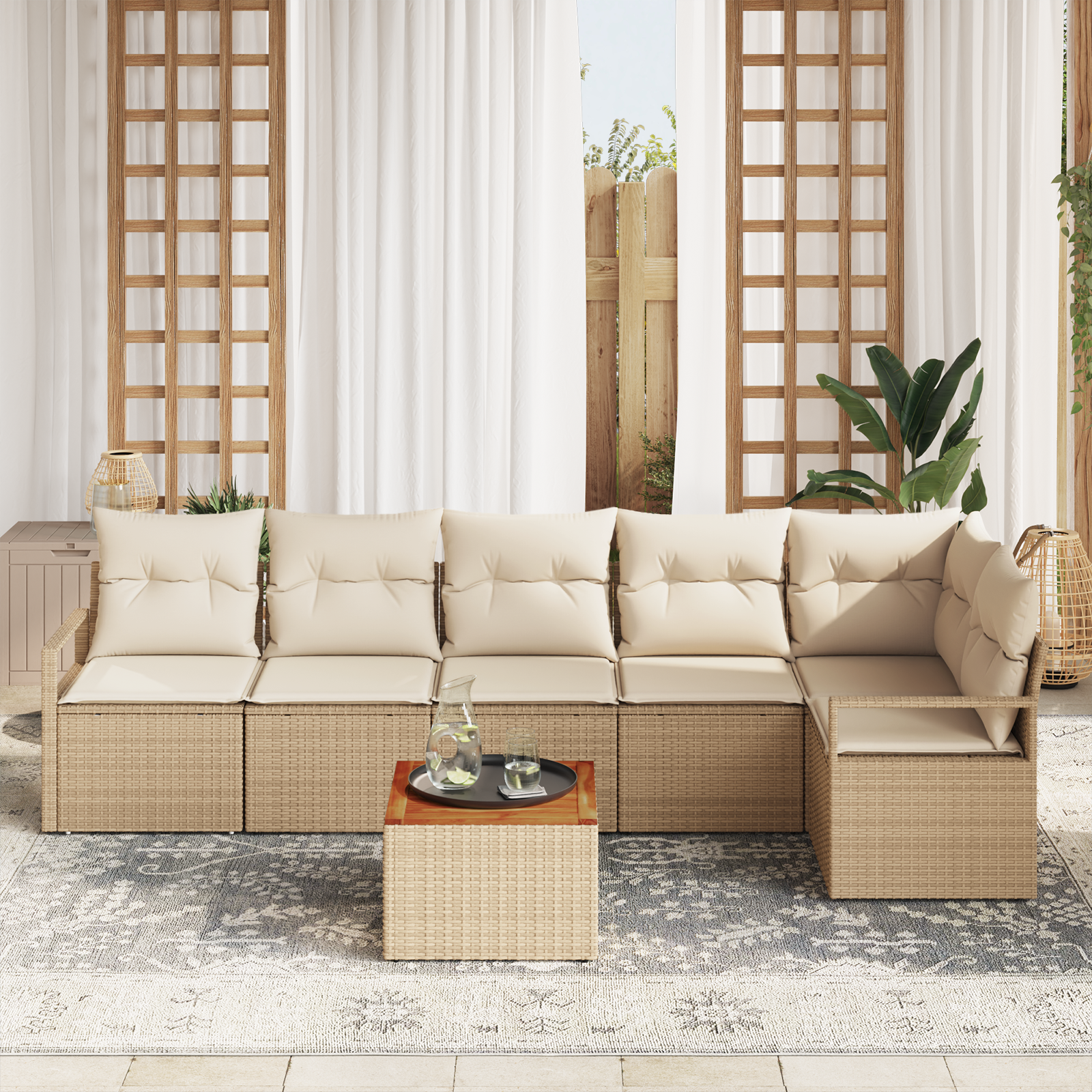 Set de canapea de grădină  cu 7 piese și perne bej din poliratán și acacia, Canapea de grădină  cu 2 locuri, cu depozitare și perne, bej din poliratán [2]