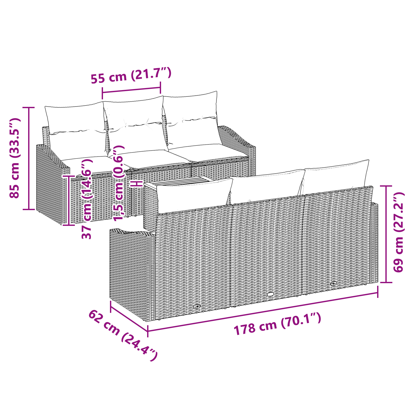 Set de 7 Piese Canapea Grădină cu Perne Bej Ratan Poliester Acacia [10]
