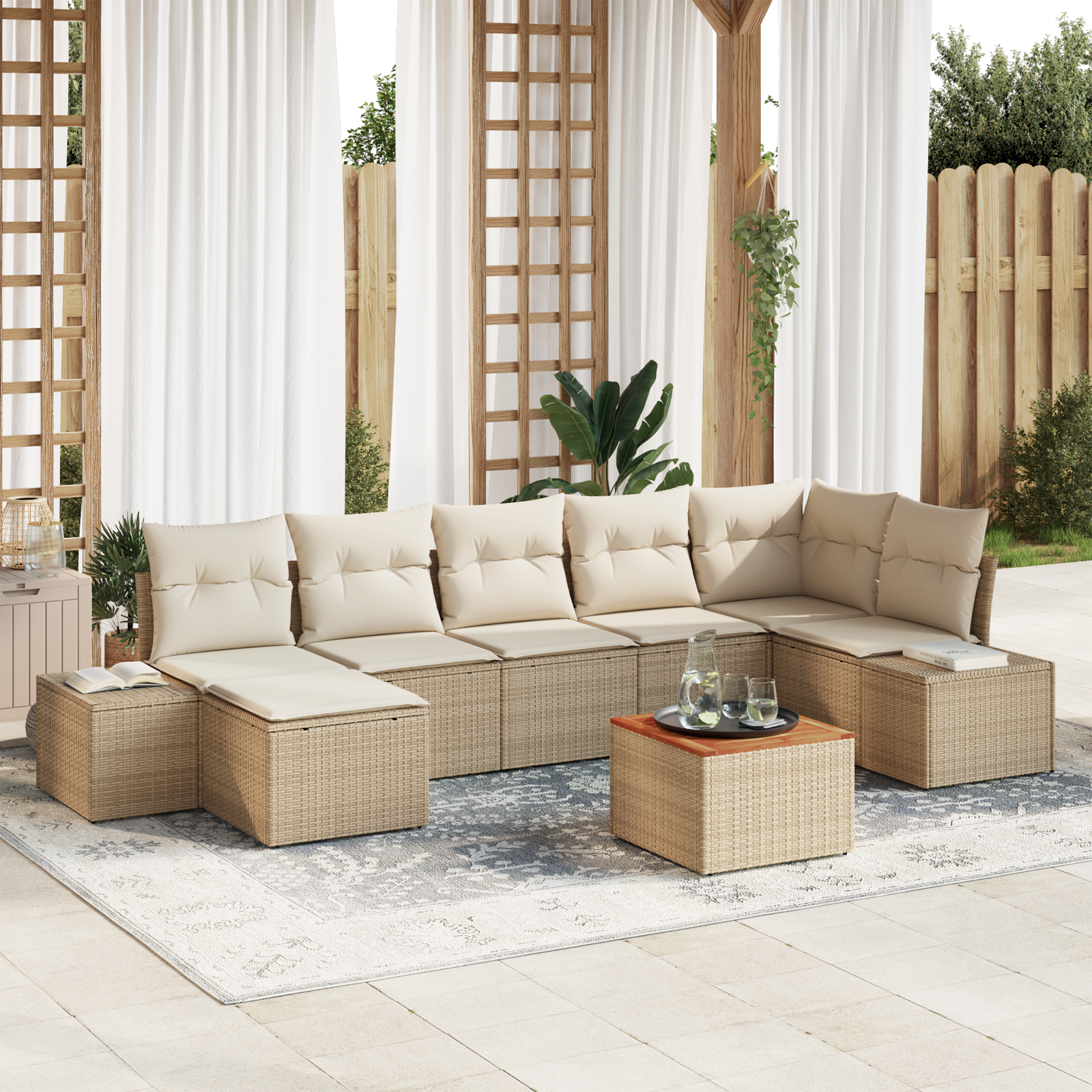 Canapele de exterior - Set de Sofa de Grădină cu 8 Piese cu Perne Bej din Ratan Polimeric Acacia