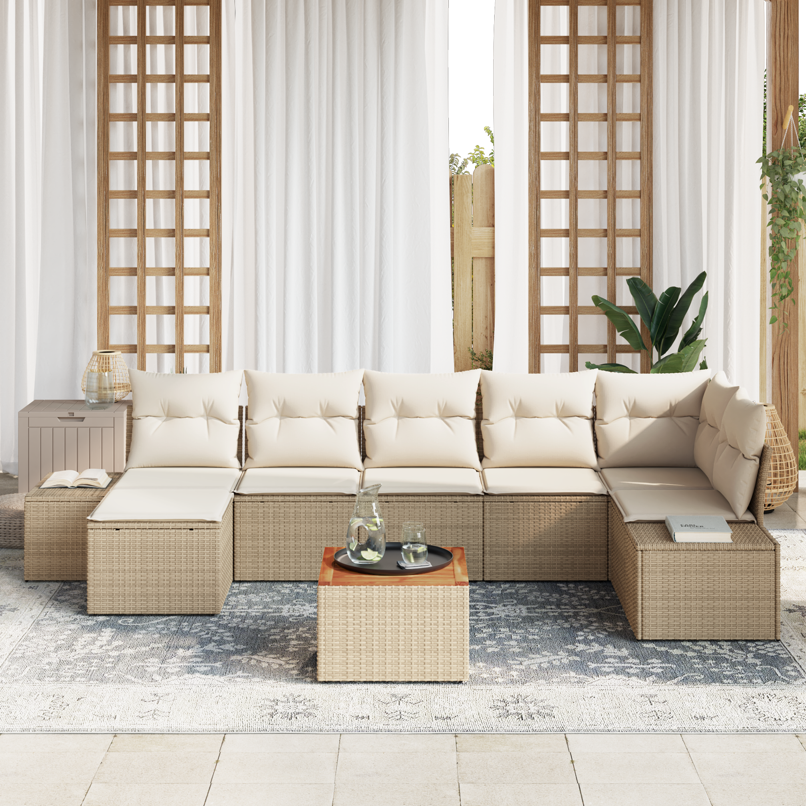 Set de Sofa de Grădină cu 8 Piese cu Perne Bej din Ratan Polimeric Acacia [2]
