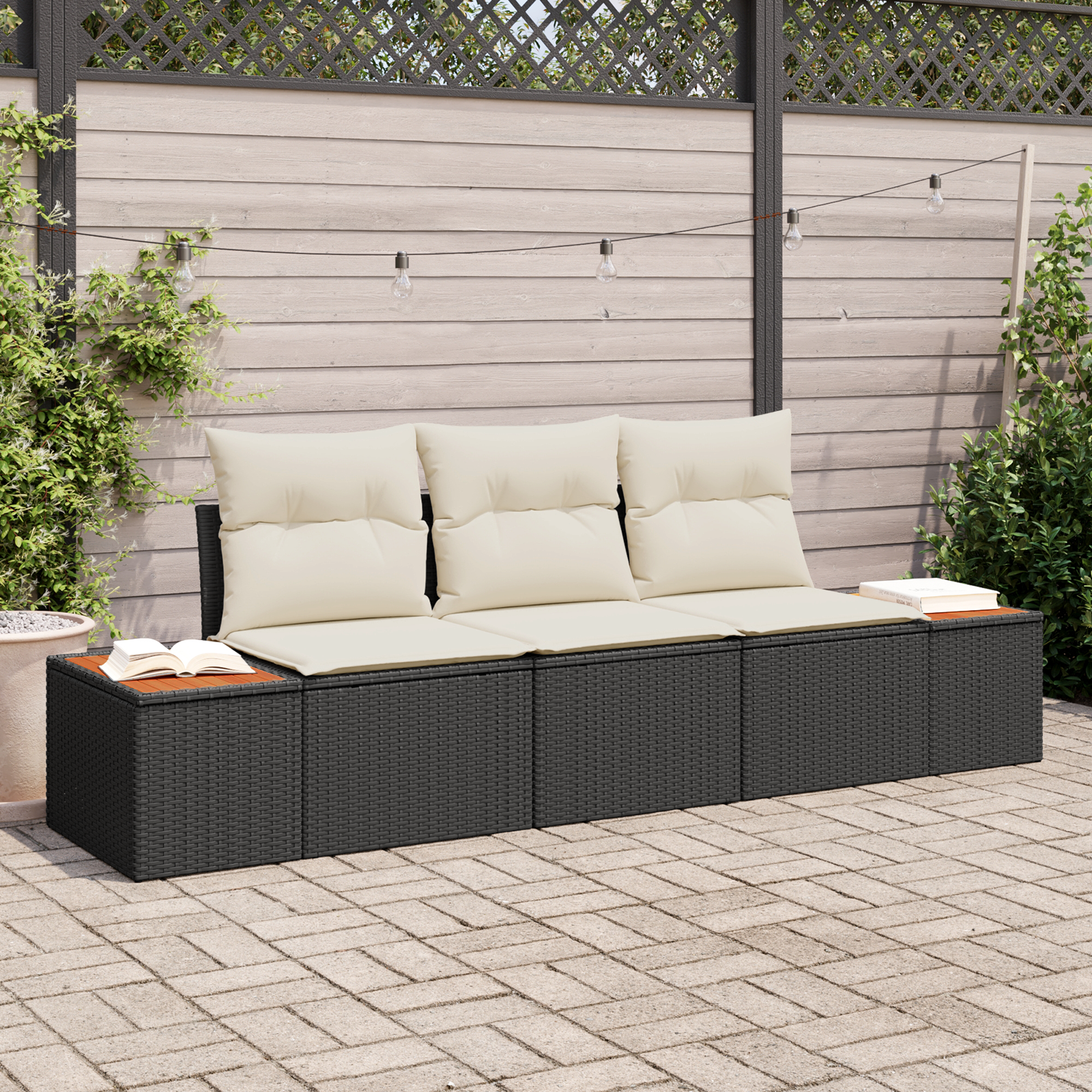 Canapele de exterior - Set canapea grădină  cu perne, negru, poliratan, acacia, Canapea grădină  cu depozitare și perne, negru, poliratan