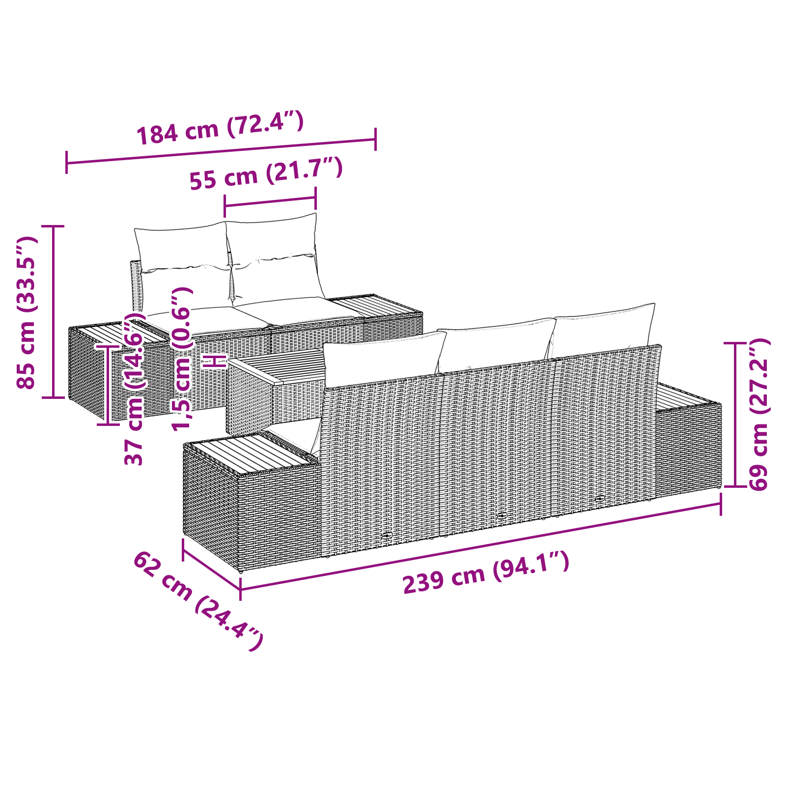 Set Canapea Grădină  cu Perne Negre Poliratan Acacia, Canapea Grădină  pentru 2 Persoane cu Spațiu Depozitare & Perne Negre Poliratan [10]