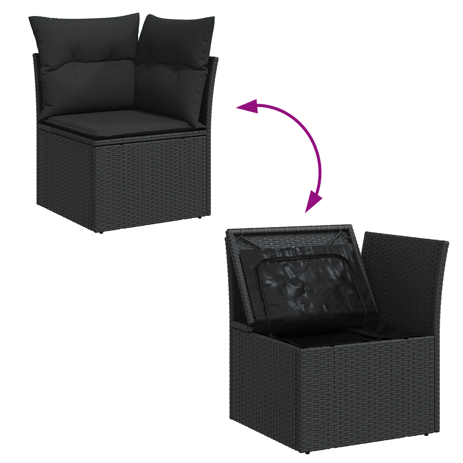 Set de Sofa de Grădină  cu Perne 6 Piese Negru Poliratan Acacia, Sofa de Grădină 2 Locuri  cu Spațiu de Depozitare și Perne Negru Poliratan [11]