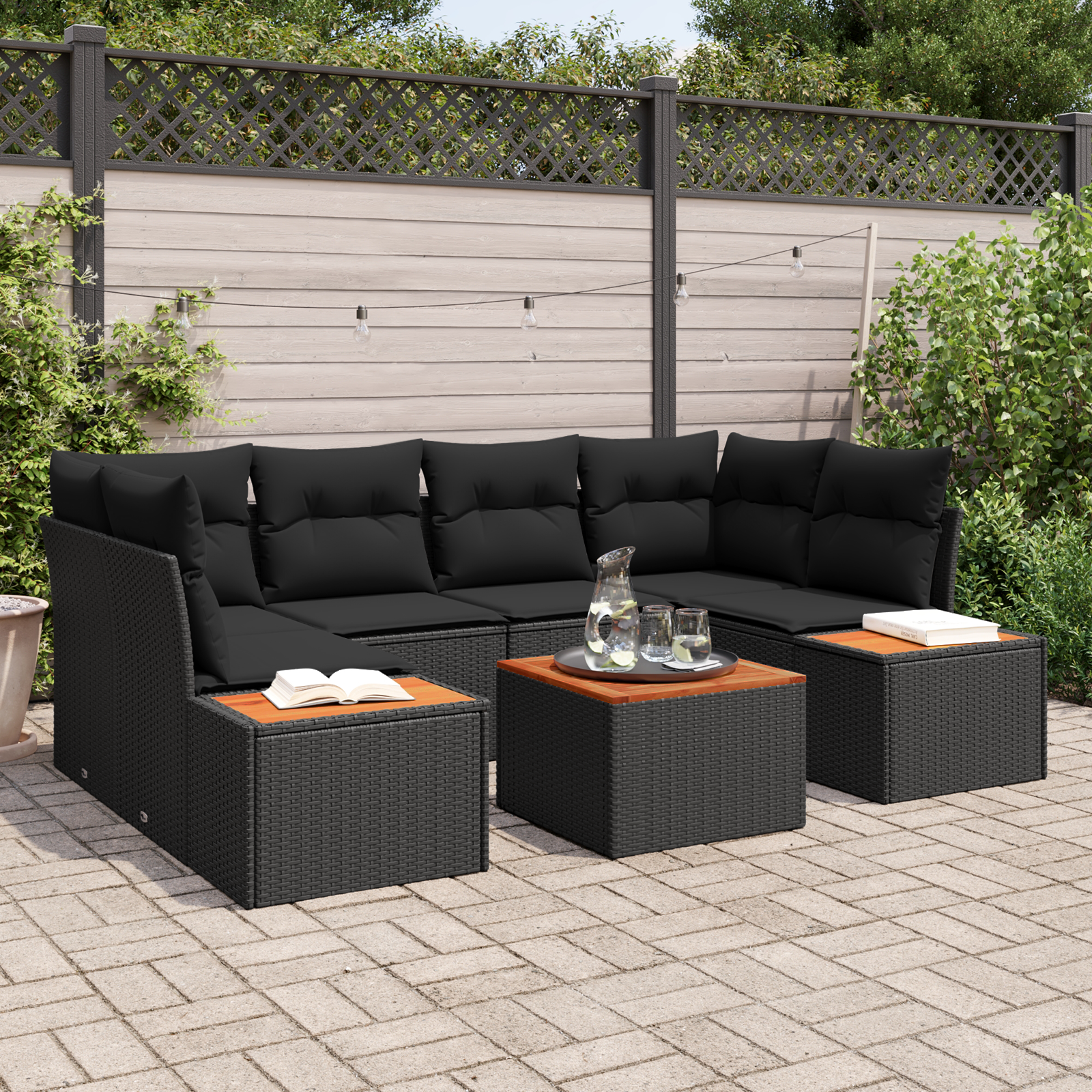 Canapele de exterior - Set de Sofa de Grădină  cu Perne 6 Piese Negru Poliratan Acacia, Sofa de Grădină 2 Locuri  cu Spațiu de Depozitare și Perne Negru Poliratan