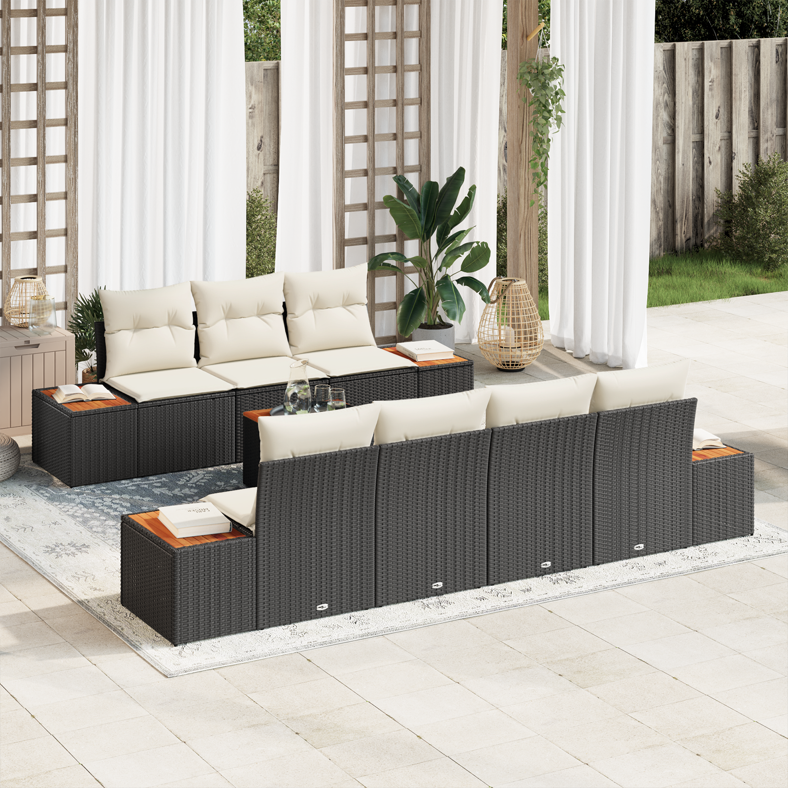 Canapele de exterior - Set canapea de 8 piese pentru grădină cu perne Negru Rattan sintetic Acacia, Canapea de grădină pentru 2 persoane cu depozitare și perne Negru Rattan sintetic