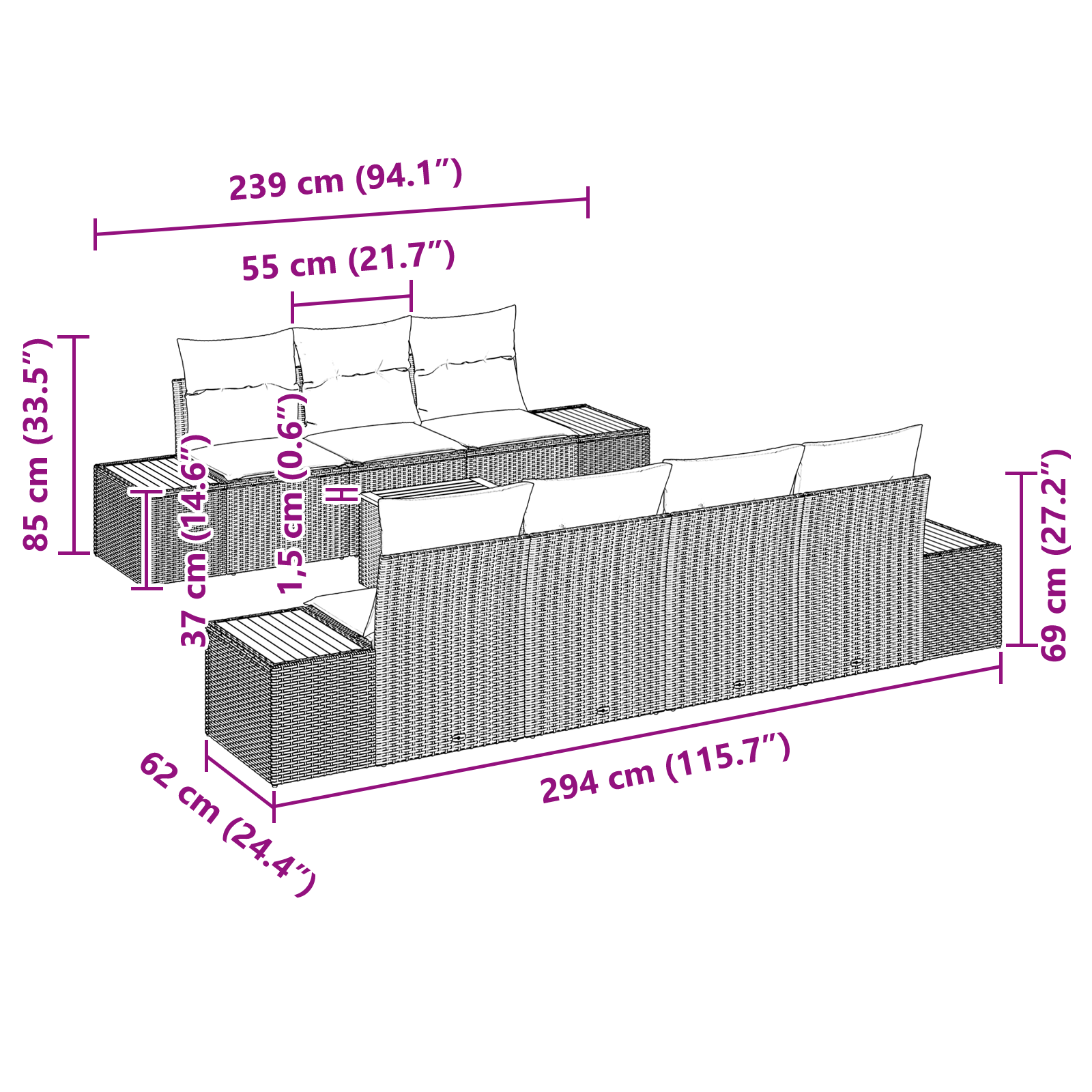 Set canapea de 8 piese pentru grădină cu perne Negru Rattan sintetic Acacia, Canapea de grădină pentru 2 persoane cu depozitare și perne Negru Rattan sintetic [10]