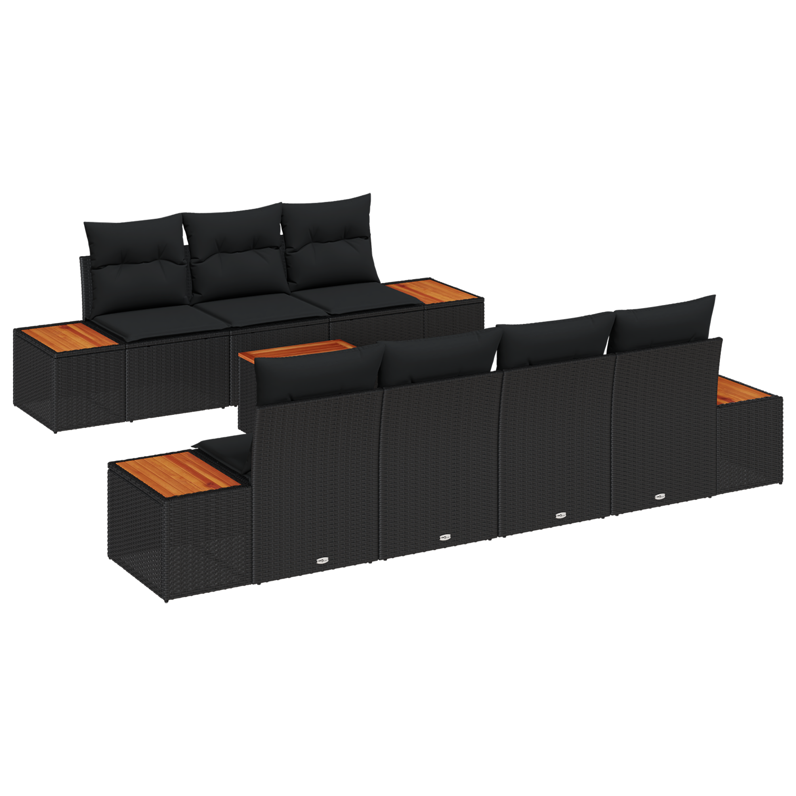Set de Sofa pentru Grădină  de 8 Piese cu Perne Negre Ratan Polimeric Acacia, Sofa pentru Grădină  de 2 Locuri cu Spațiu de Stocare & Perne Negre Ratan Polimeric [1]