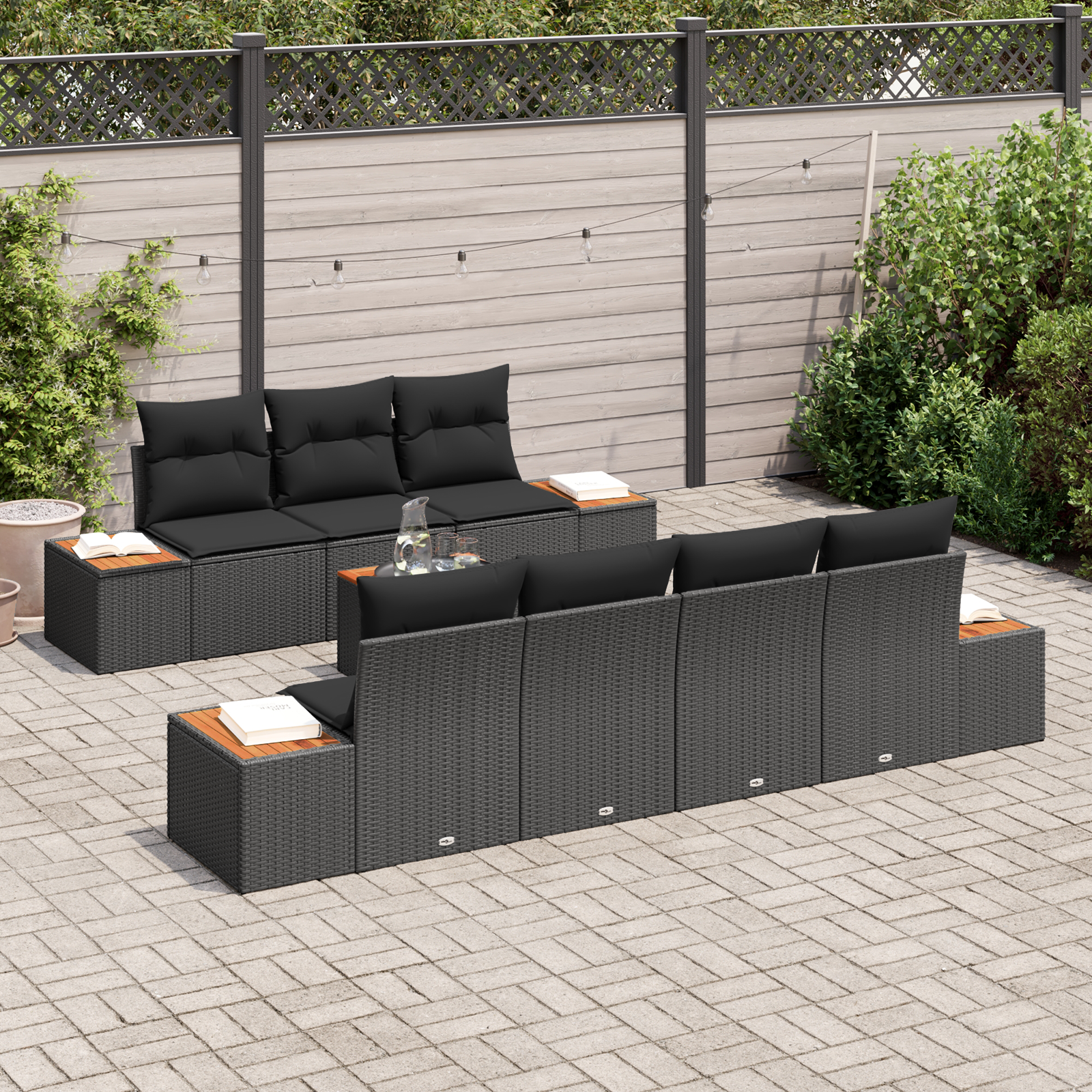 Set de Sofa pentru Grădină  de 8 Piese cu Perne Negre Ratan Polimeric Acacia, Sofa pentru Grădină  de 2 Locuri cu Spațiu de Stocare & Perne Negre Ratan Polimeric [2]